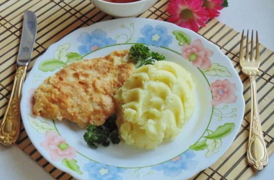 Chicken chops in batter in a pan