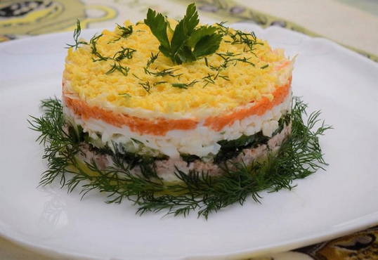 Layered cod liver salad