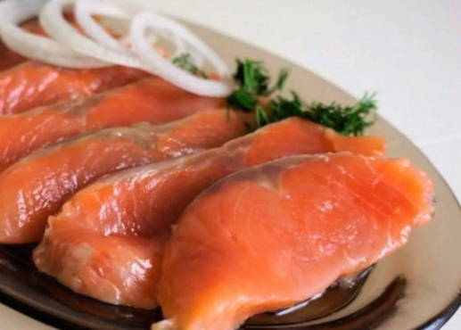 Salted pink salmon in brine