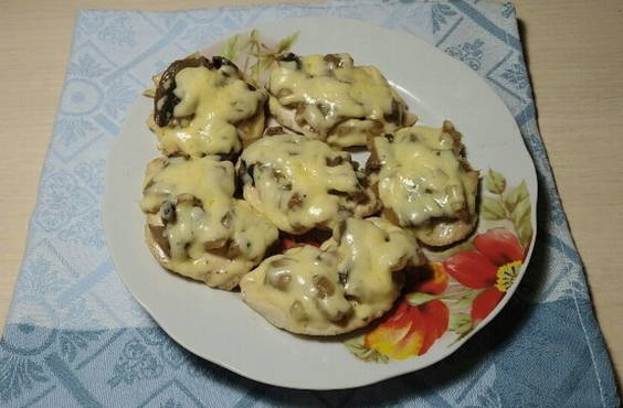 Chicken chops with mushrooms in a pan