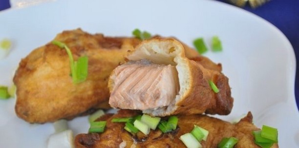 Pink salmon in batter on beer