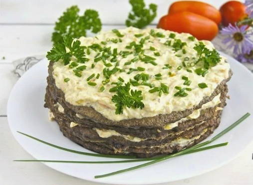 Beef liver liver cake with sour cream