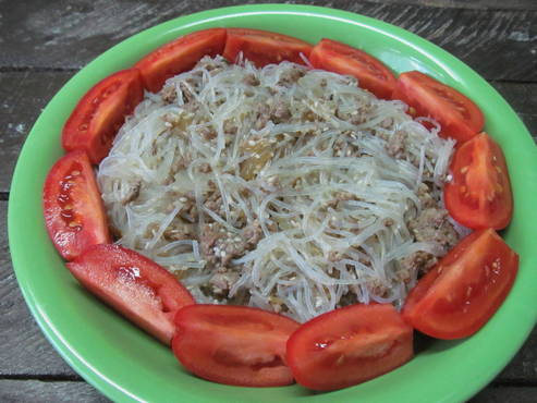 Funchoza with minced meat and soy sauce