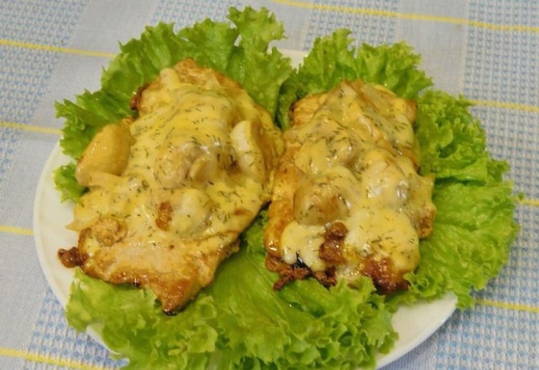 Pork chops in a pan with mushrooms