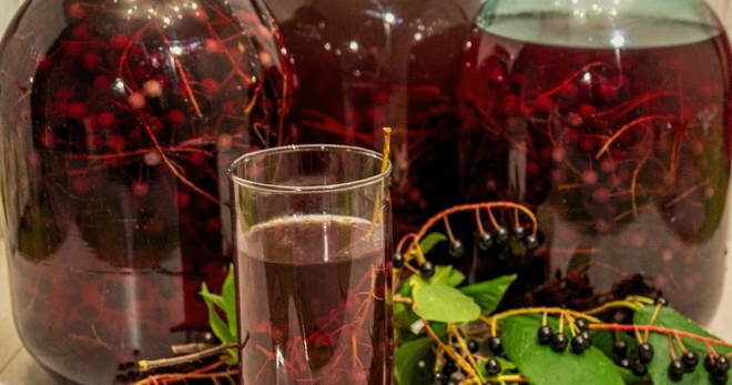 Red cherry compote with cherry leaf