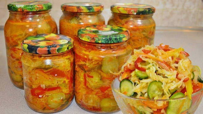 Cucumber, tomato and cabbage salad for the winter without sterilization