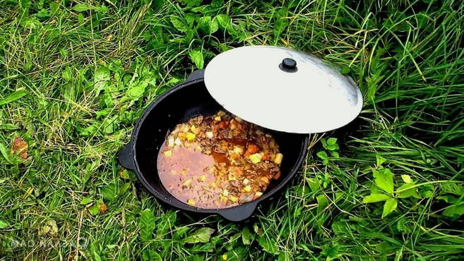 Vegetable stew in a cauldron