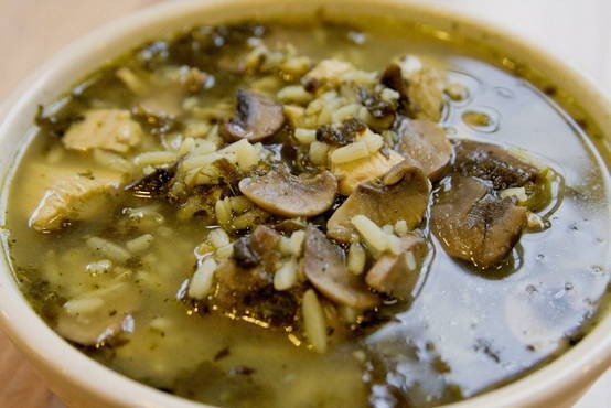 Soup with honey agarics and rice