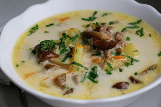 Soup with honey agarics and cheese