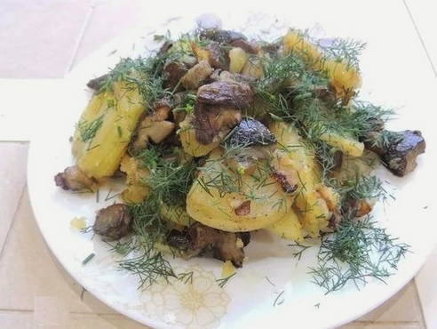 Boletus boletus fried with onions and potatoes