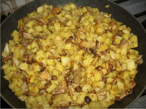 Pommes de terre sautées aux girolles et à la viande