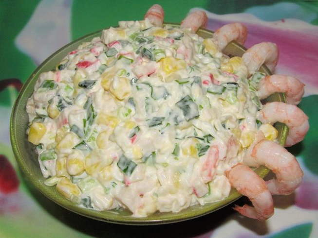 Shrimp salad with crab sticks and corn