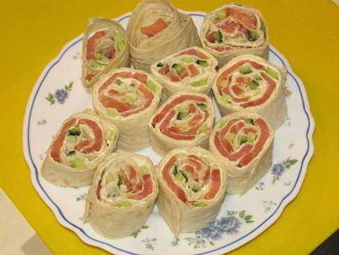 Lavash roll with red fish, cream cheese and cucumber