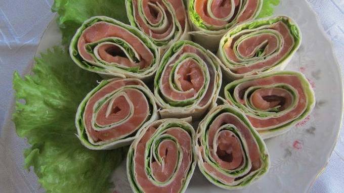 Lavash roll with red fish and cream cheese