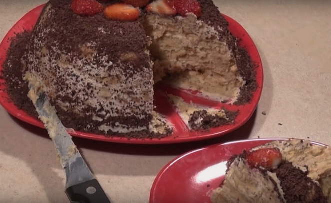 Gâteau aux biscuits sans cuisson avec crème sure et fruits