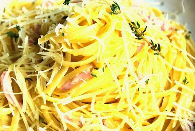 Pâtes carbonara au jambon, crème et oeuf