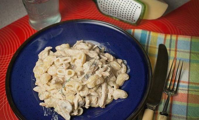 Carbonara with chicken and mushrooms