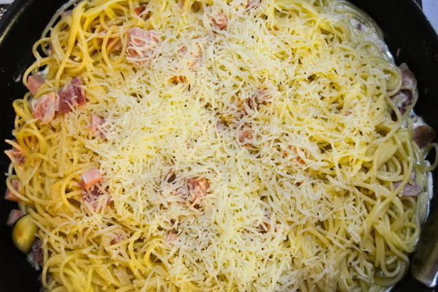 Carbonara avec bacon, jambon et crème