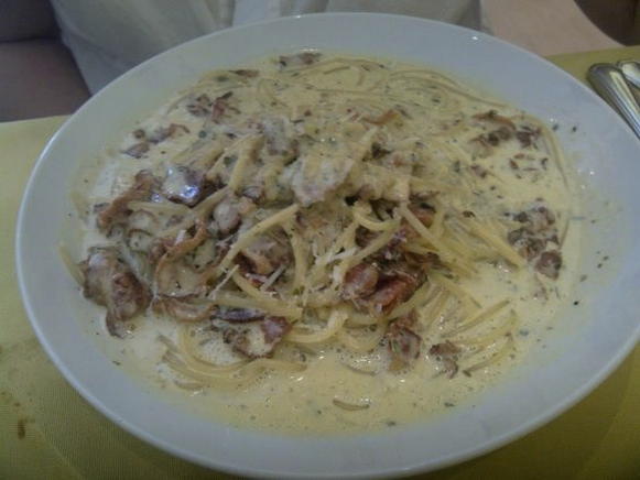 Carbonara with bacon, mushrooms and cream