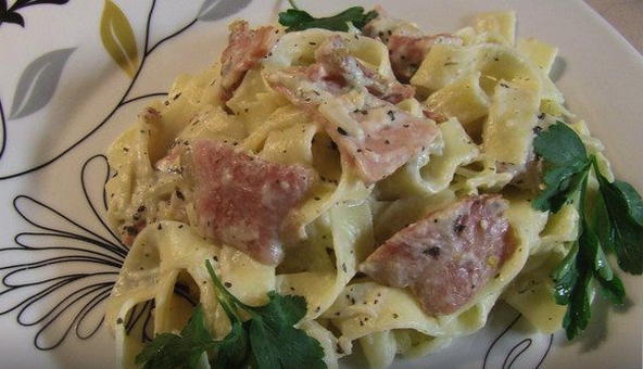 Carbonara pasta with bacon in a creamy sauce