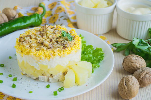 Chicken, pineapple, cheese and walnut salad