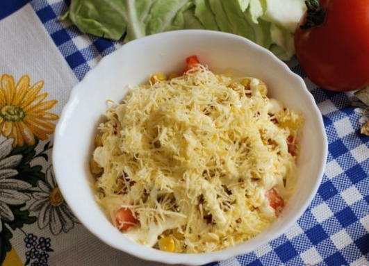 Chicken, cheese, tomato and corn salad