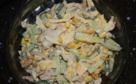 Smoked chicken, corn and egg salad