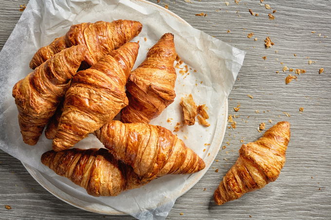 Puff pastry croissants with banana and chocolate