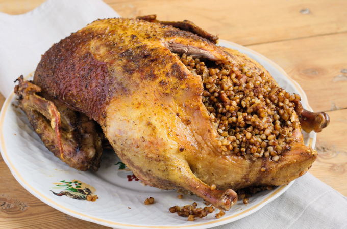 Duck with buckwheat in the sleeve in the oven