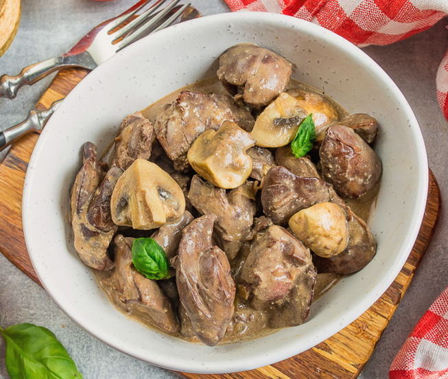 Chicken liver with onions and mushrooms in a pan