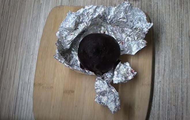 Beetroot in peel, whole baked in foil in the oven