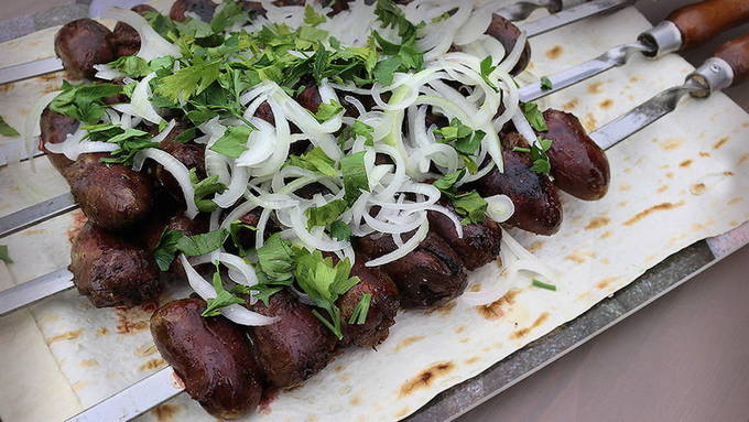 Turkey hearts on the grill