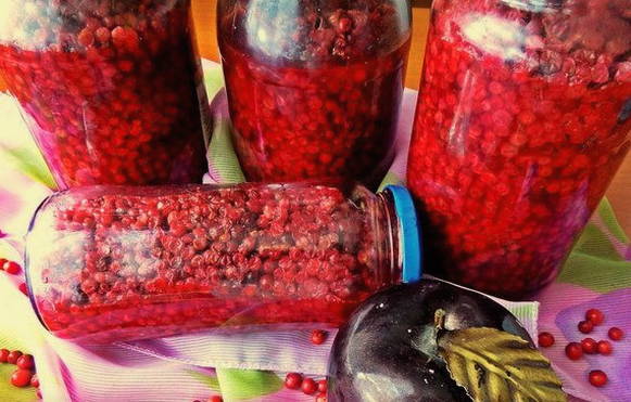 Lingonberries in their own juice for the winter in jars