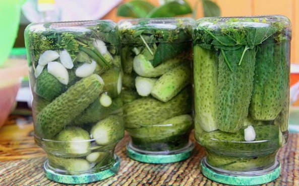 Pickled cucumbers in liter jars