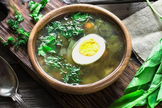 Sorrel cabbage soup in meat broth