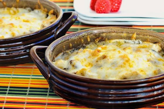 Julienne with chicken and mushrooms in the oven